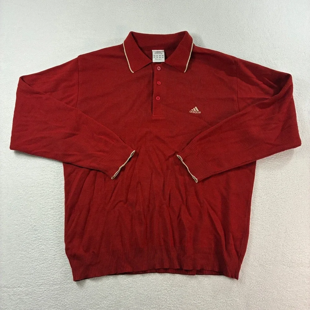 Vintage Adidas Sweater Polo Shirt Mens Large Red Long Sleeve Knit Asian Y2K